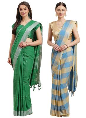 Multicolor woven blended cotton saree with blouse 1