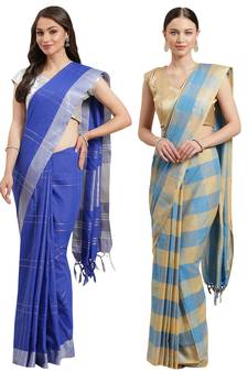 Multicolor woven blended cotton saree with blouse