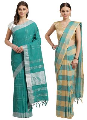 Multicolor woven blended cotton saree with blouse 1