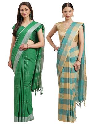 Multicolor woven blended cotton saree with blouse 1