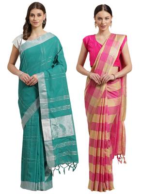 Multicolor woven blended cotton saree with blouse 1