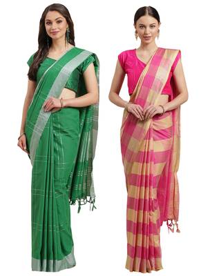 Multicolor woven blended cotton saree with blouse 1
