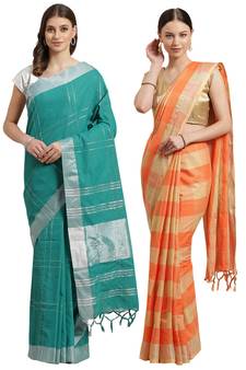 Multicolor woven blended cotton saree with blouse
