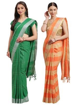 Multicolor woven blended cotton saree with blouse 1