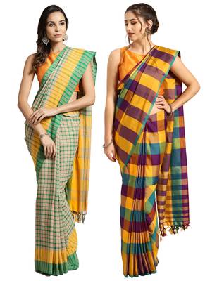 Multicolor woven blended cotton saree with blouse 1