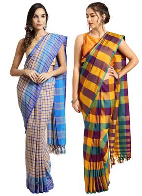 Multicolor woven blended cotton saree with blouse 1