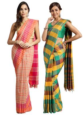 Multicolor woven blended cotton saree with blouse 1