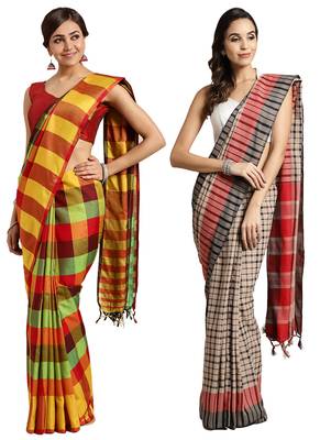 Multicolor woven blended cotton saree with blouse 1