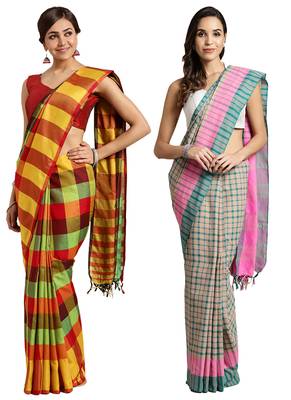 Multicolor woven blended cotton saree with blouse 1