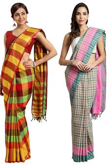 Multicolor woven blended cotton saree with blouse