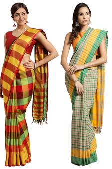 Multicolor woven blended cotton saree with blouse