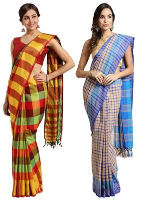 Multicolor woven blended cotton saree with blouse 1