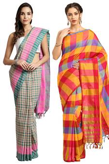 Multicolor woven blended cotton saree with blouse