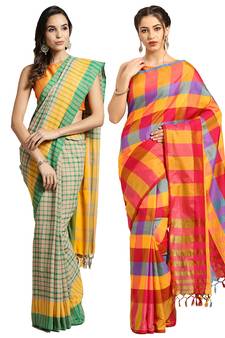Multicolor woven blended cotton saree with blouse