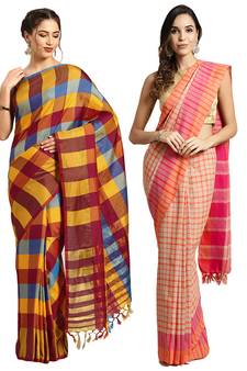Multicolor woven blended cotton saree with blouse