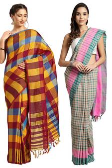 Multicolor woven blended cotton saree with blouse