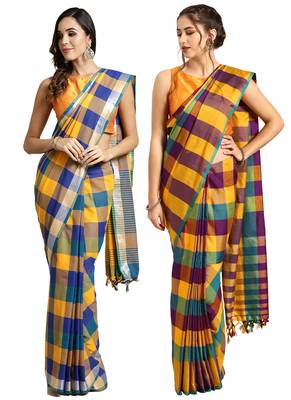 Multicolor woven blended cotton saree with blouse 1