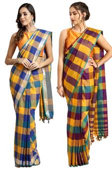 Multicolor woven blended cotton saree with blouse
