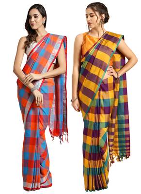 Multicolor woven blended cotton saree with blouse 1