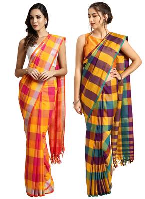 Multicolor woven blended cotton saree with blouse 1