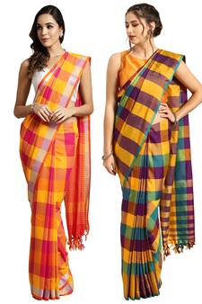 Multicolor woven blended cotton saree with blouse