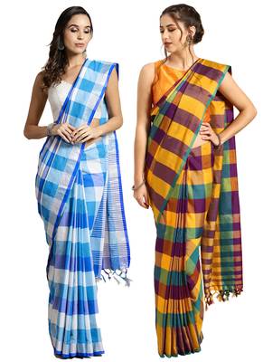 Multicolor woven blended cotton saree with blouse 1