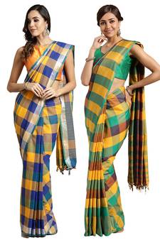Multicolor woven blended cotton saree with blouse