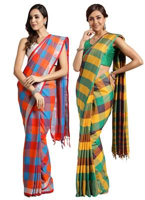Multicolor woven blended cotton saree with blouse 1