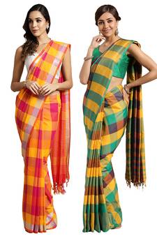 Multicolor woven blended cotton saree with blouse