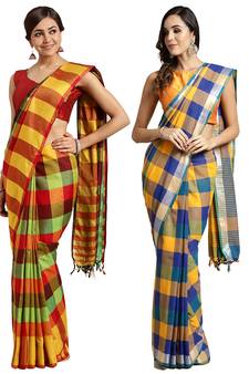 Multicolor woven blended cotton saree with blouse