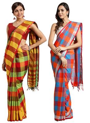 Multicolor woven blended cotton saree with blouse 1
