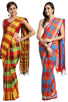 Multicolor woven blended cotton saree with blouse