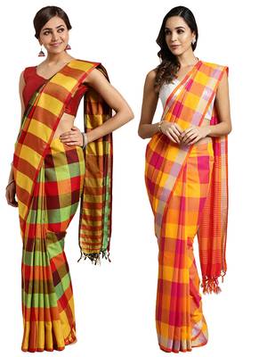 Multicolor woven blended cotton saree with blouse 1
