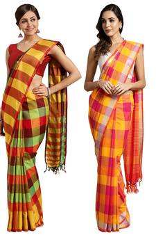 Multicolor woven blended cotton saree with blouse