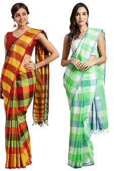 Multicolor woven blended cotton saree with blouse