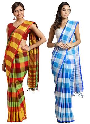 Multicolor woven blended cotton saree with blouse 1