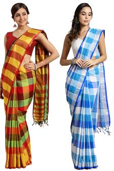 Multicolor woven blended cotton saree with blouse