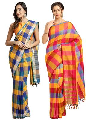 Multicolor woven blended cotton saree with blouse 1