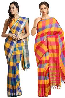 Multicolor woven blended cotton saree with blouse