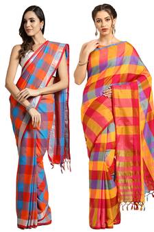 Multicolor woven blended cotton saree with blouse