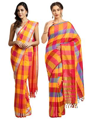 Multicolor woven blended cotton saree with blouse 1