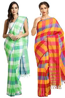 Multicolor woven blended cotton saree with blouse