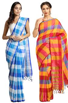 Multicolor woven blended cotton saree with blouse