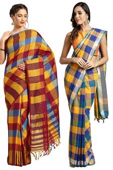 Multicolor woven blended cotton saree with blouse