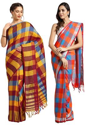 Multicolor woven blended cotton saree with blouse 1