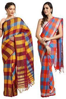 Multicolor woven blended cotton saree with blouse