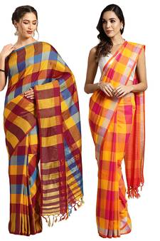 Multicolor woven blended cotton saree with blouse