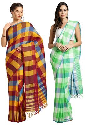 Multicolor woven blended cotton saree with blouse 1