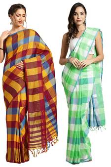 Multicolor woven blended cotton saree with blouse