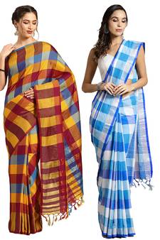 Multicolor woven blended cotton saree with blouse